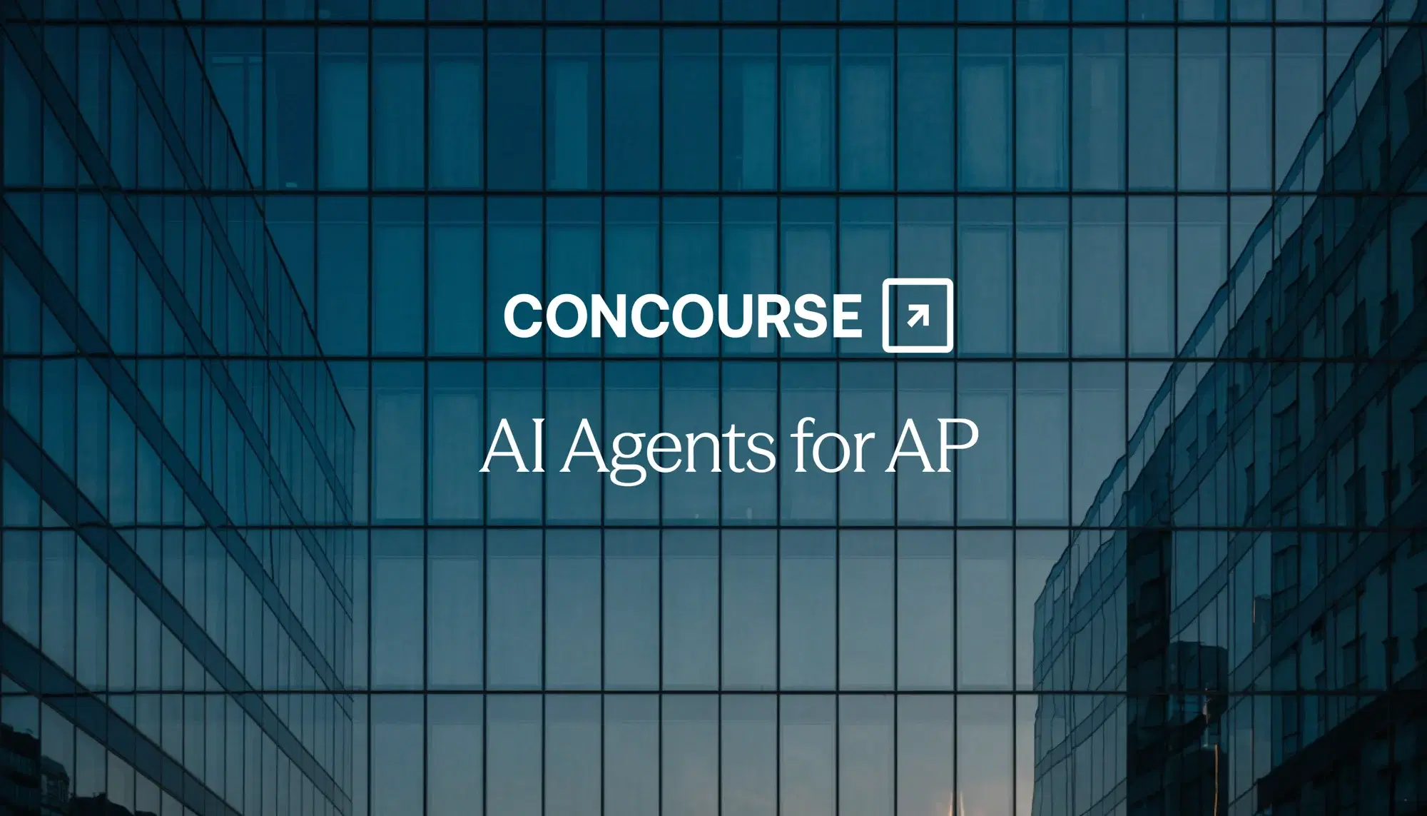 Concourse “AI Agents for AP” cover: the title and Concourse wordmark set over blue-toned glass office buildings.