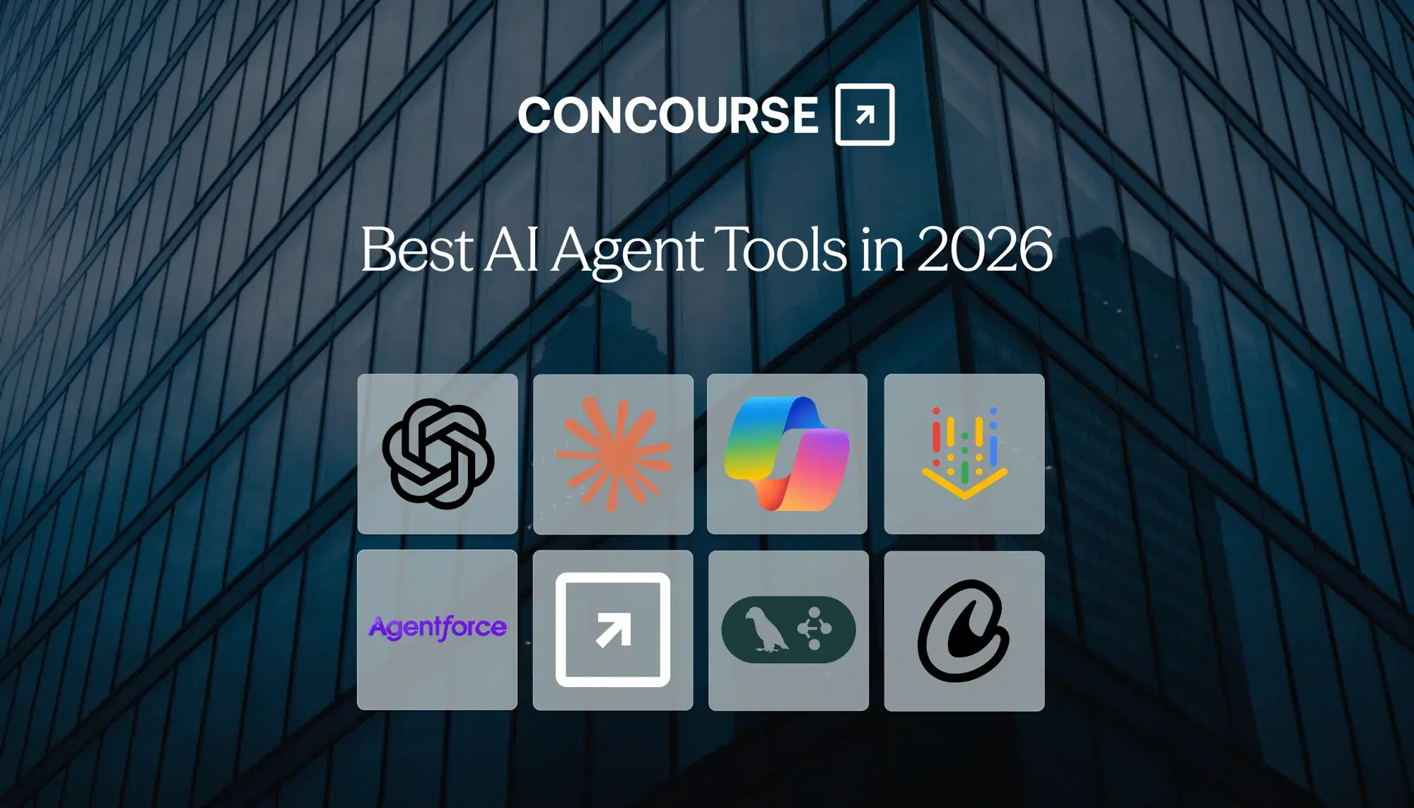 Concourse "Best Agentic AI Tools in 2026" cover graphic: the Concourse wordmark and title beside a grid of agentic AI vendor logos over a dark blue glass building.