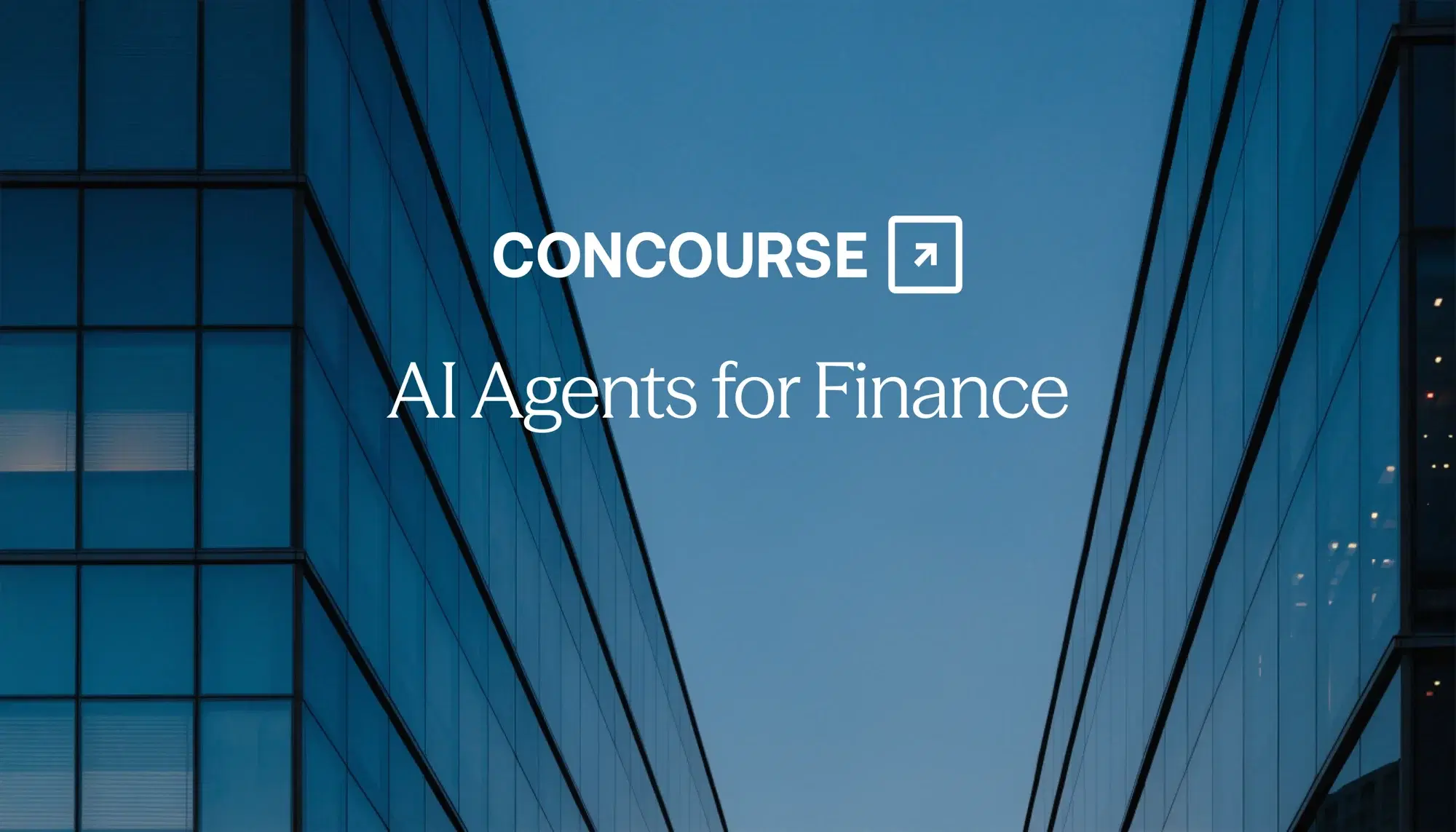 Concourse “AI Agents for Finance” cover: the title and Concourse wordmark set between two blue-toned glass office towers.