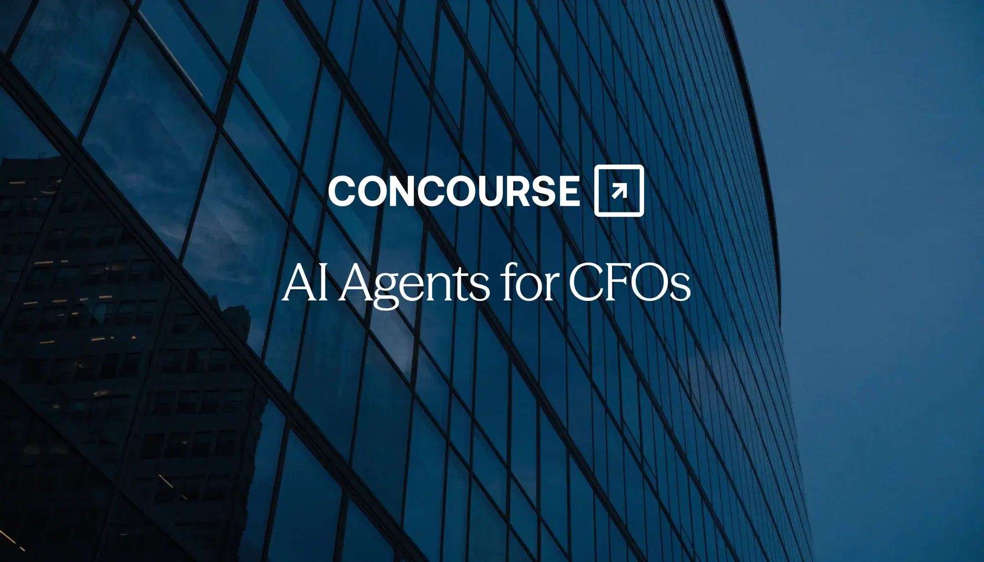 Concourse “AI Agents for CFOs” cover: the title and Concourse wordmark set over a blue-toned glass office tower.
