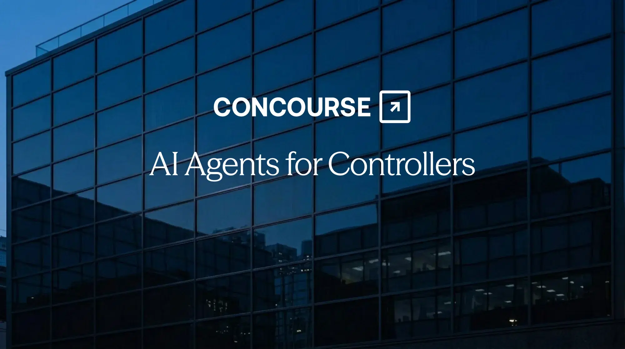 Concourse “AI Agents for Controllers” cover: the title and Concourse wordmark set over a dark blue glass office-building facade at dusk.