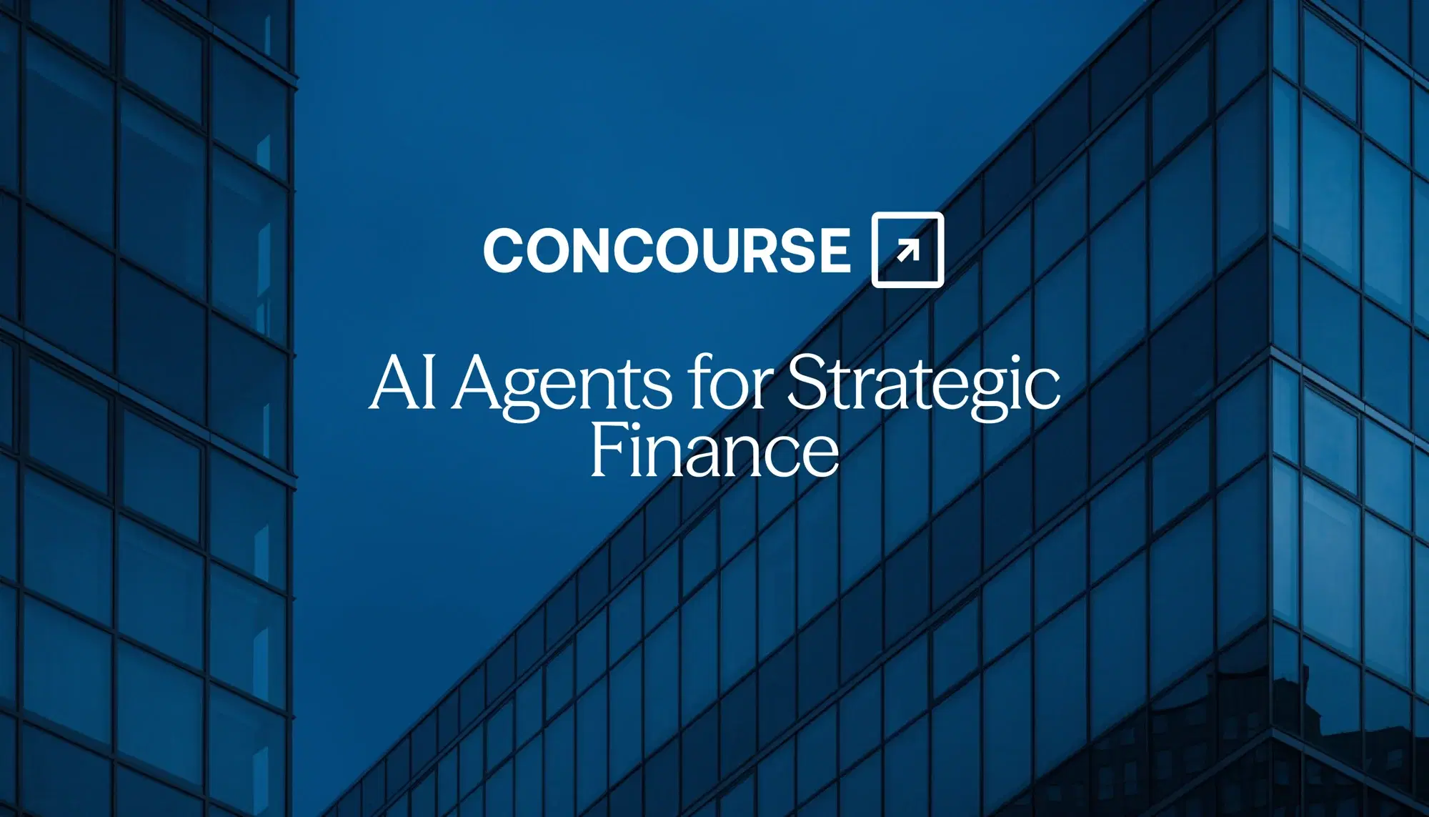 Concourse “AI Agents for Strategic Finance” cover: the title and Concourse wordmark set over blue-toned glass office towers.