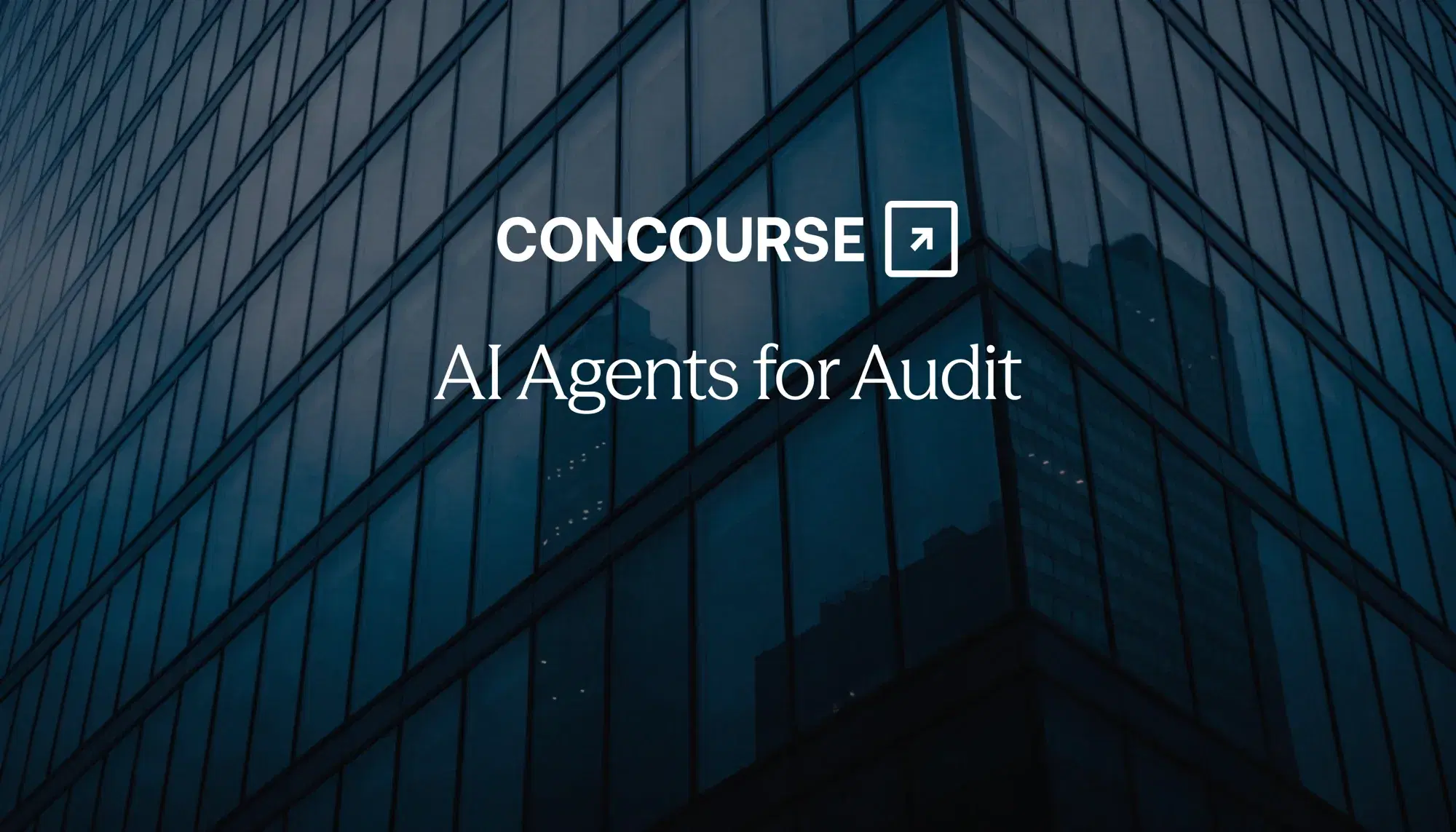 AI Agents for Audit, shown over a dark glass corporate skyscraper facade with the Concourse logo.