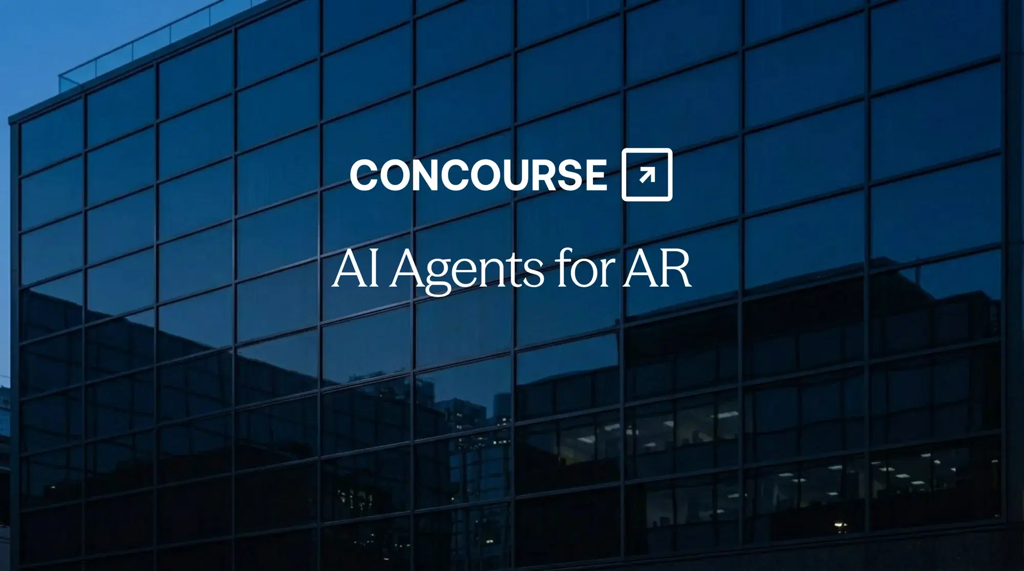 Concourse “AI Agents for AR” cover: the title and Concourse wordmark set over a blue-toned glass office building.