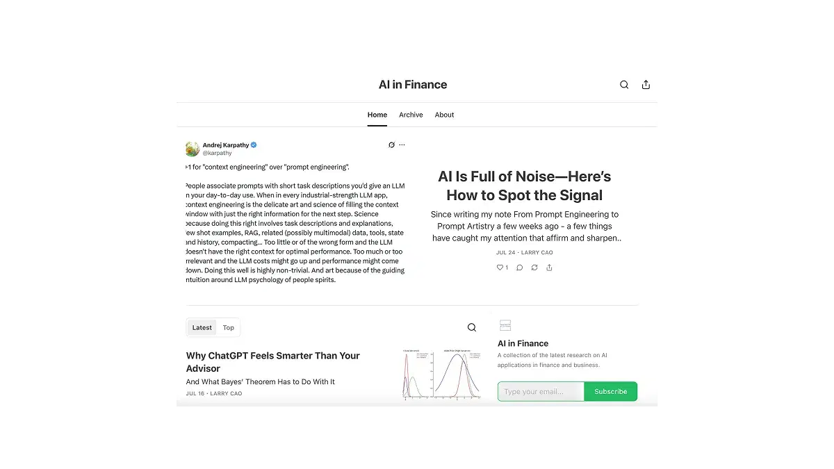 Homepage of the AI in Finance newsletter by Larry Cao, featuring the article “AI Is Full of Noise, Here’s How to Spot the Signal” and a featured tweet by Andrej Karpathy.