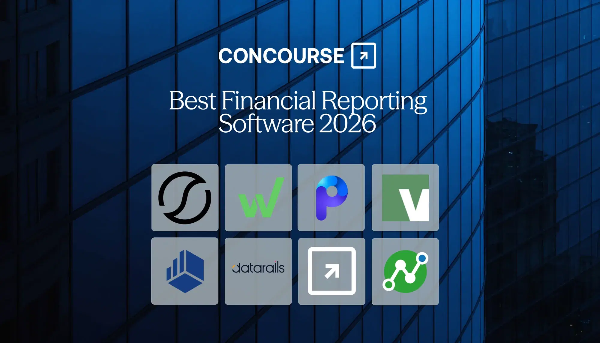Concourse "Best Financial Reporting Software in 2026" cover graphic: the Concourse wordmark and title beside a grid of financial reporting vendor logos over a dark blue glass building.