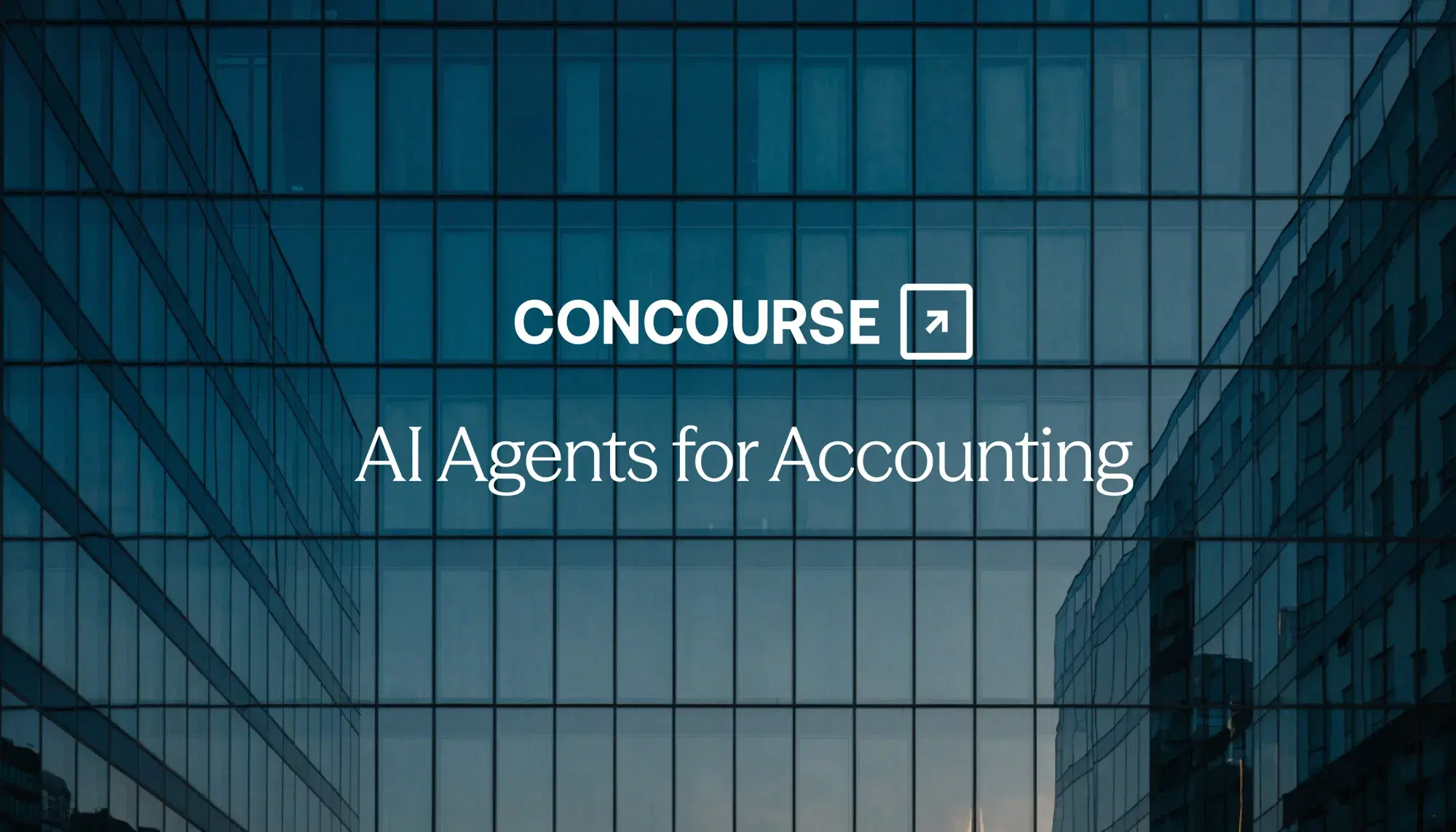 AI Agents for Accounting, shown over a dark glass corporate office building facade with the Concourse logo.