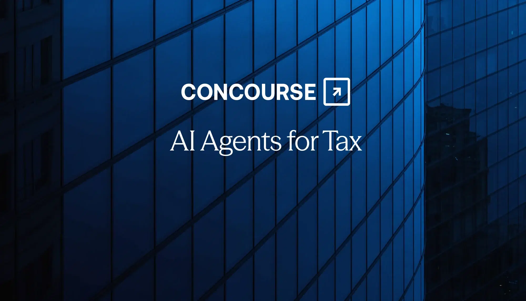 Concourse “AI Agents for Tax” cover: the title and Concourse wordmark set over a blue-toned glass office building.