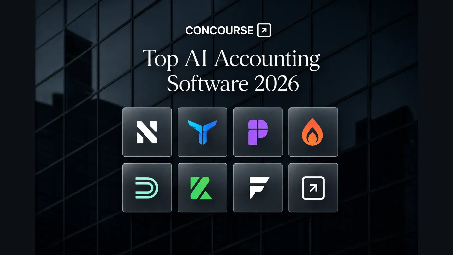 Concourse “Top AI Accounting Software 2026” cover graphic on a dark building-facade background, showing the logos of the AI accounting tools compared in this guide.